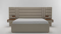 Beige upholstered bed with wooden accents on a white background