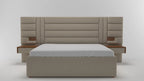 Beige upholstered bed with wooden accents on a white background