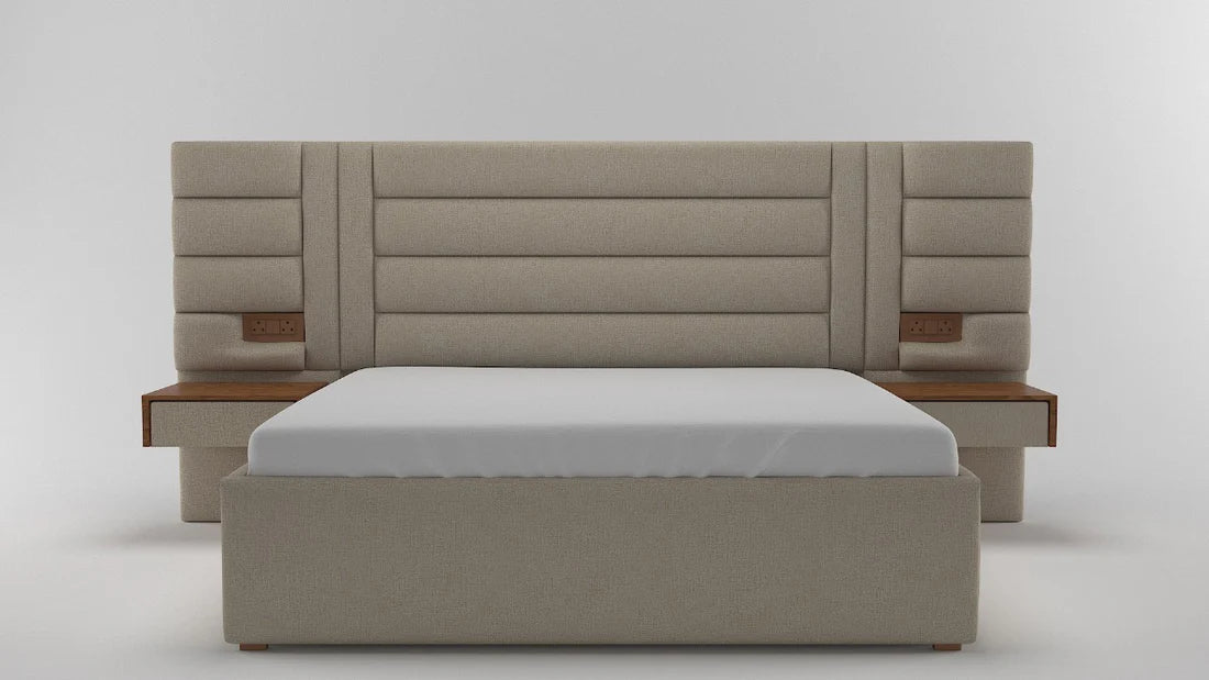 Beige upholstered bed with wooden accents on a white background