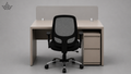 Beige office desk with a black chair on a gray background