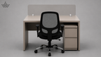 Beige office desk with a black chair on a gray background