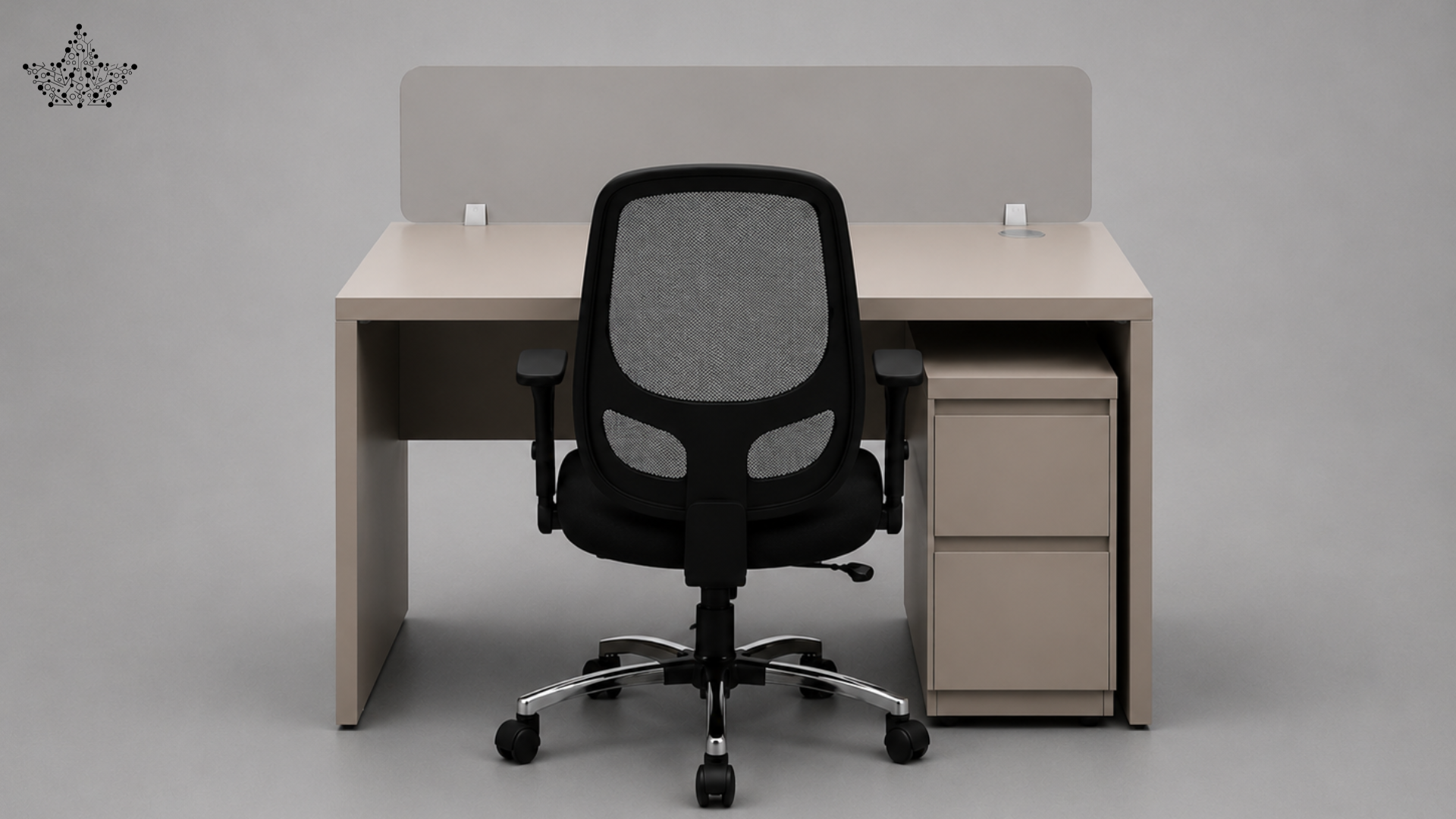 Beige office desk with a black chair on a gray background