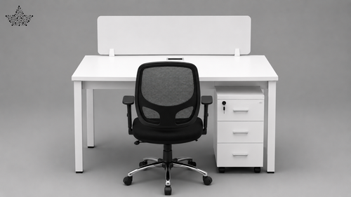 White office desk with a black chair on a gray background