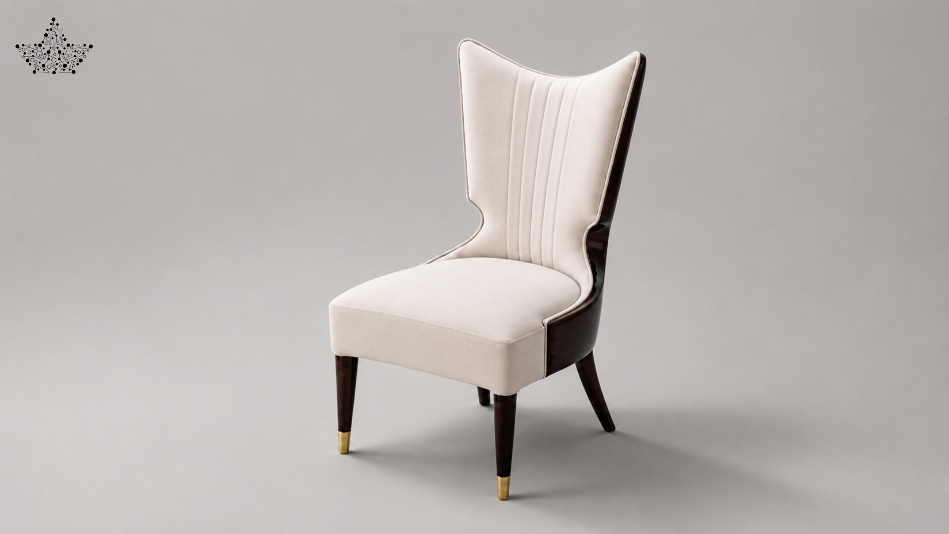 A modern wingback armchair with cream-colored tufted upholstery, dark brown side panels and legs, and gold-tone metal tips, shown against a neutral gray studio background.