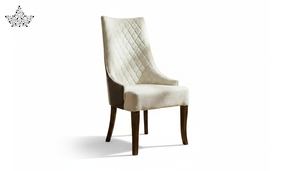 White upholstered chair with quilted design on a white background