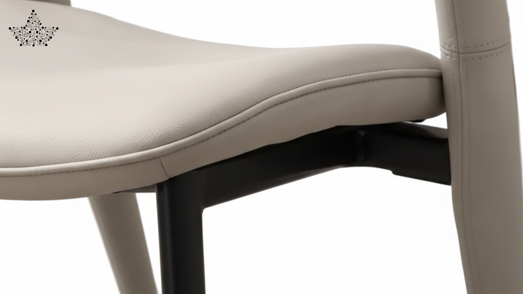 Close-up of a beige chair with black legs on a white background
