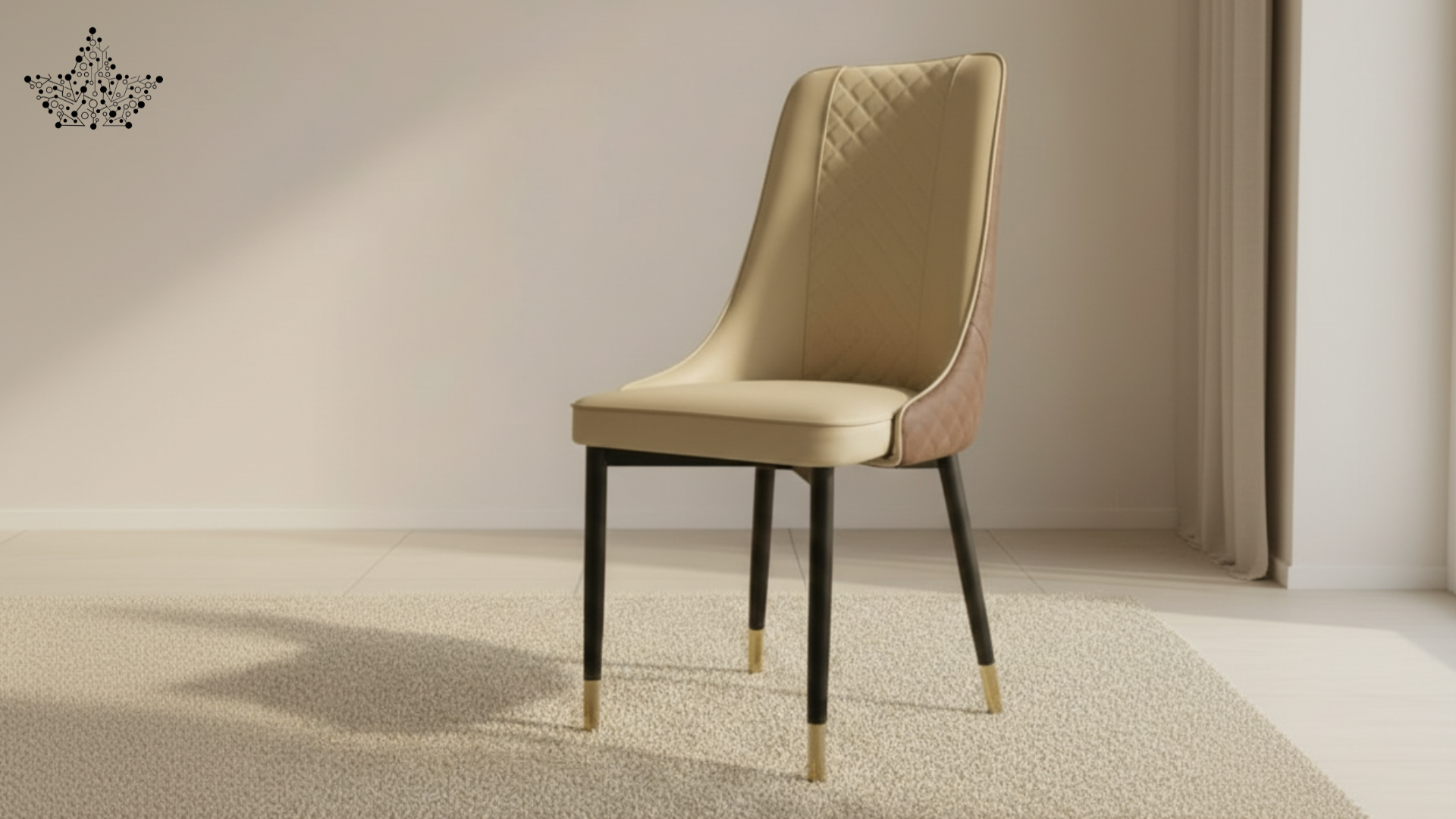 Beige chair with black legs on a beige carpet in a minimalistic room.