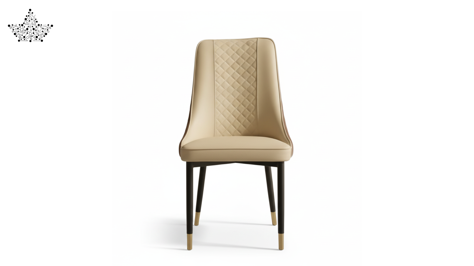 Beige quilted chair with black legs on a white background