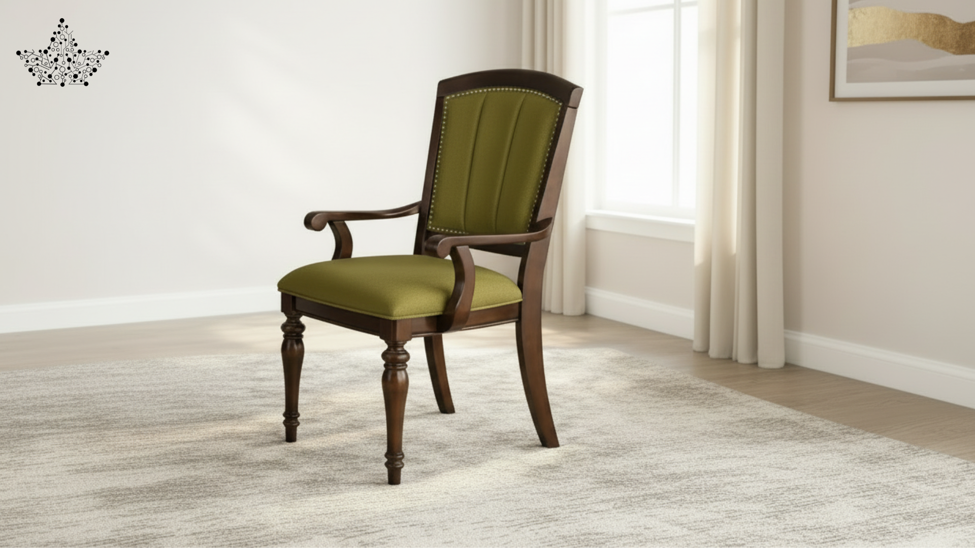 Wooden chair with green cushion in a room with light-colored walls and floor.