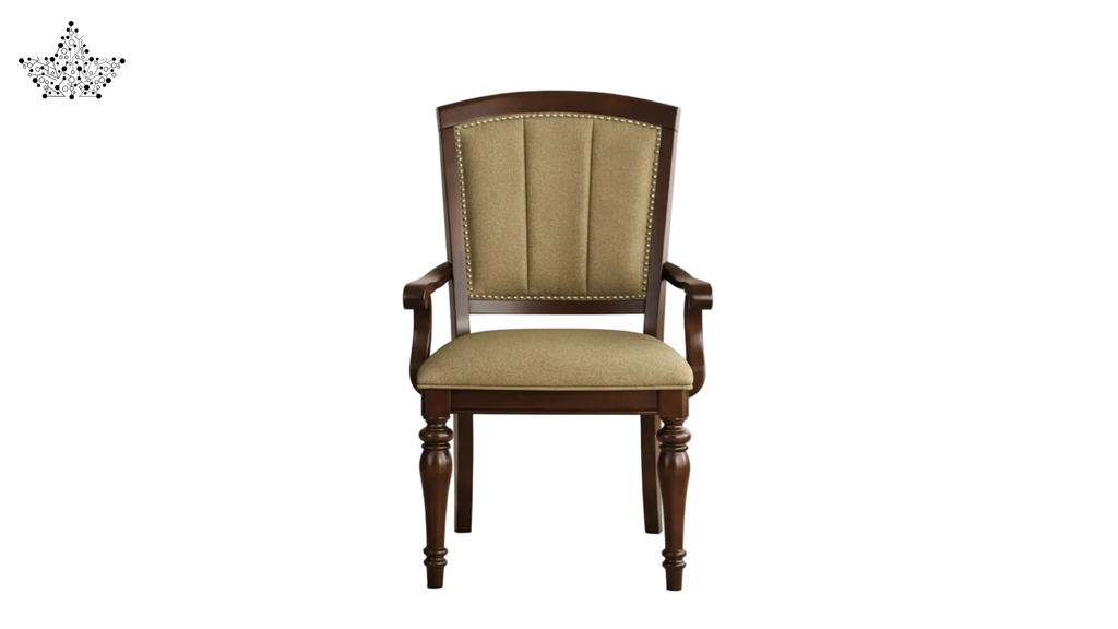 Wooden chair with beige cushioned seat and backrest on a white background