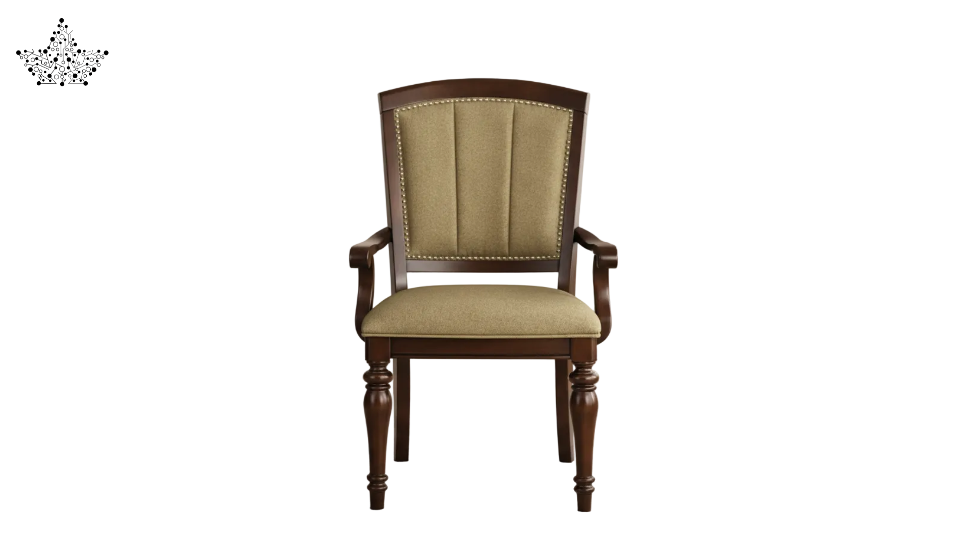 Wooden chair with beige cushioned seat and backrest on a white background