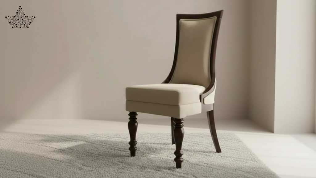 Chair with wooden legs and upholstered seat and backrest in a minimalistic setting