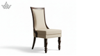 Beige upholstered chair with dark wood legs on a white background