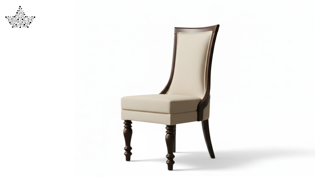 Beige upholstered chair with dark wood legs on a white background