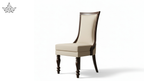 Beige upholstered chair with dark wood legs on a white background