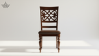 Wooden chair with intricate back design on a white background