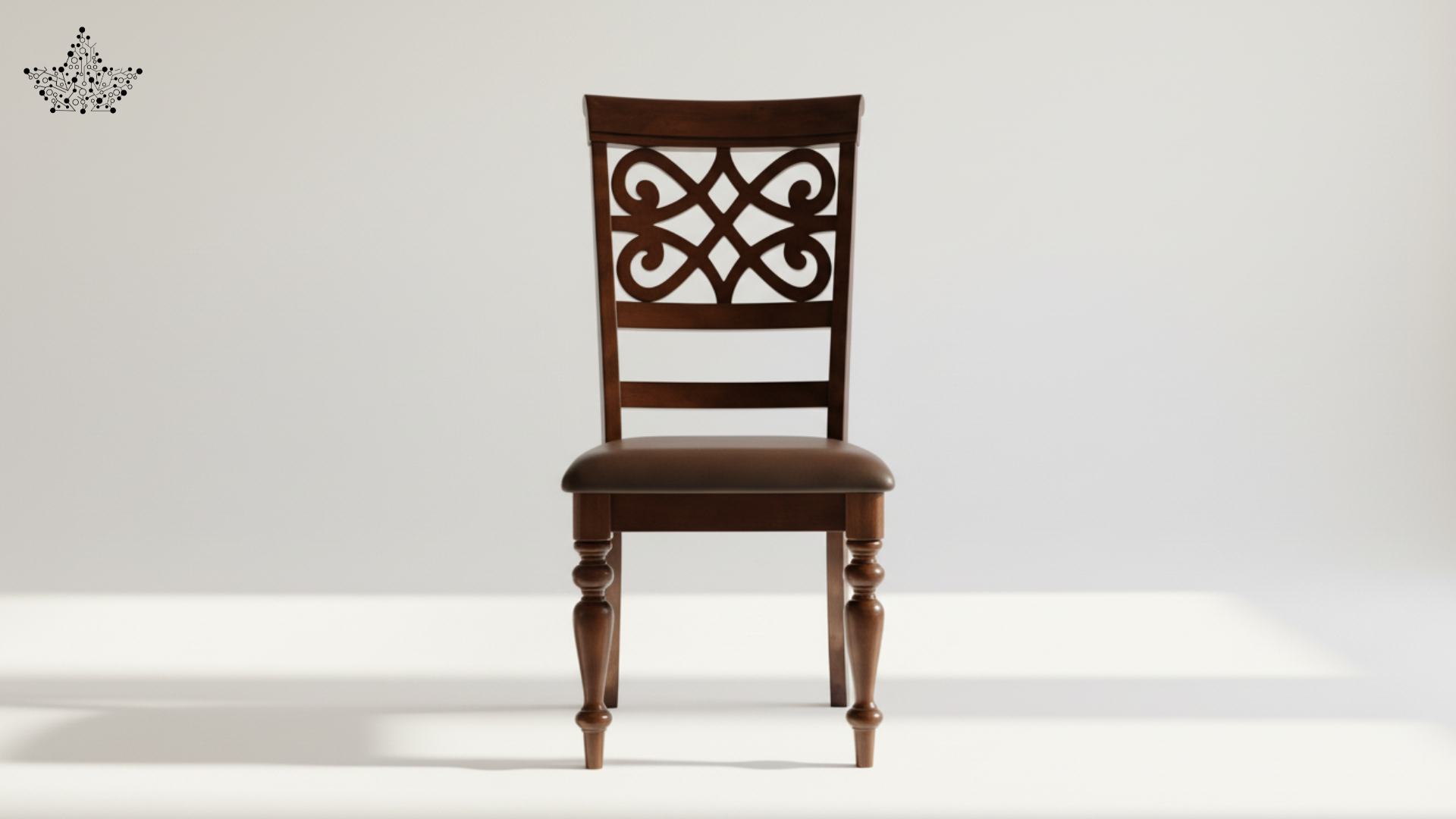 Wooden chair with intricate back design on a white background