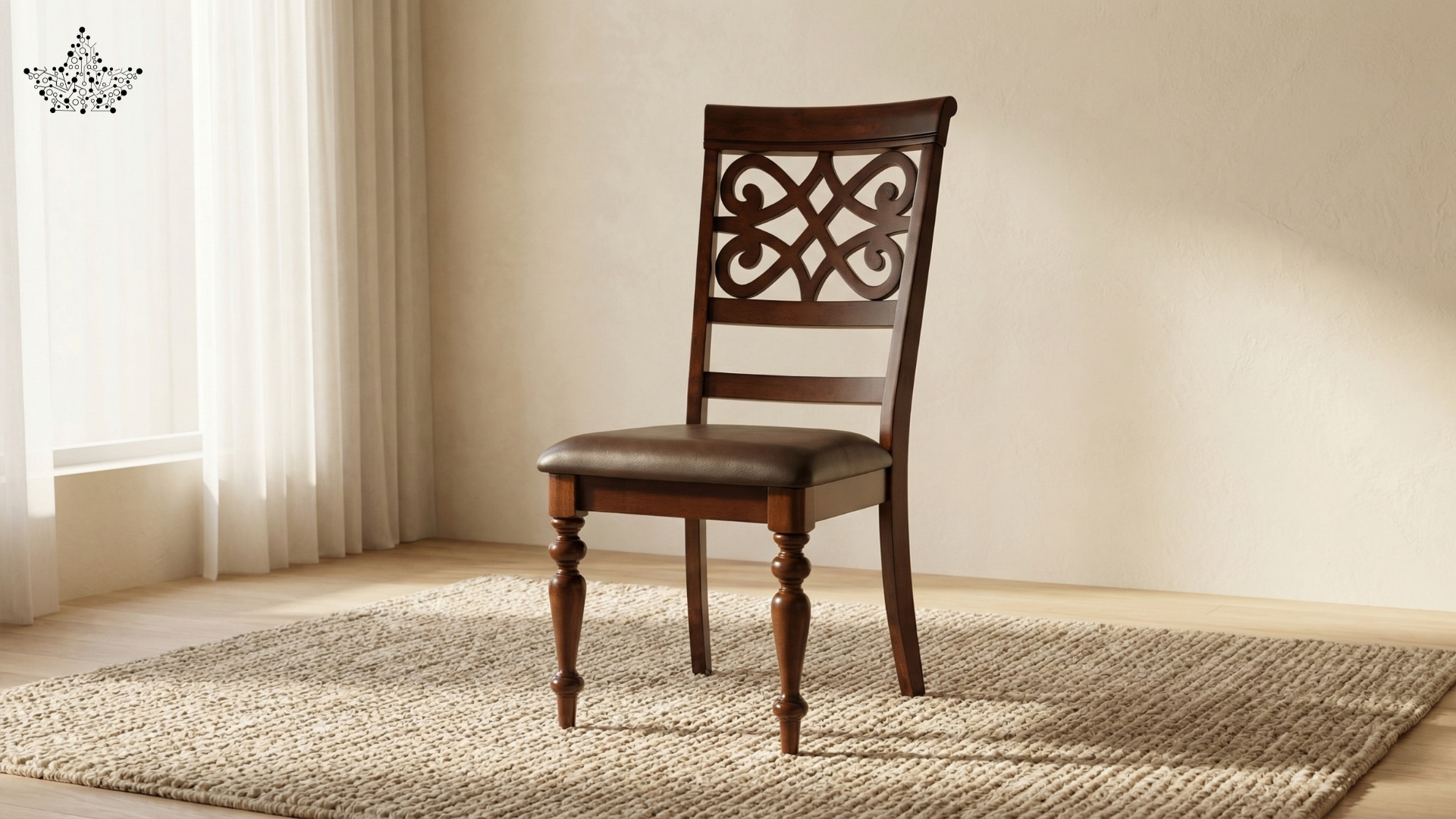 Wooden chair with intricate back design on a textured rug