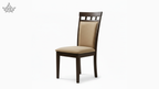 Dining chair with brown wooden frame and beige cushion on a white background