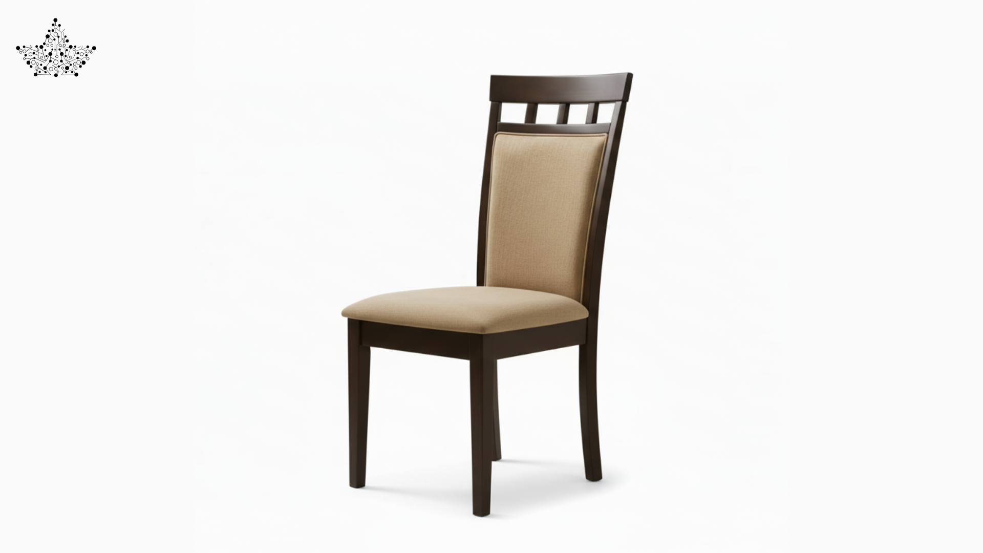 Dining chair with brown wooden frame and beige cushion on a white background