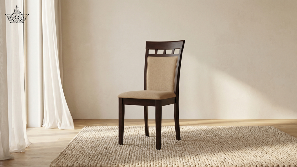 Wooden chair with beige cushion on a textured rug in a room with white curtains.