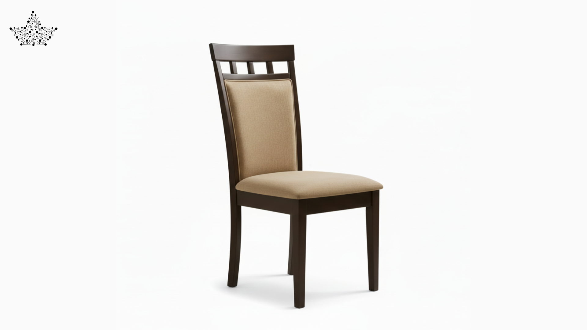 Dining chair with brown wooden frame and beige cushion on a white background