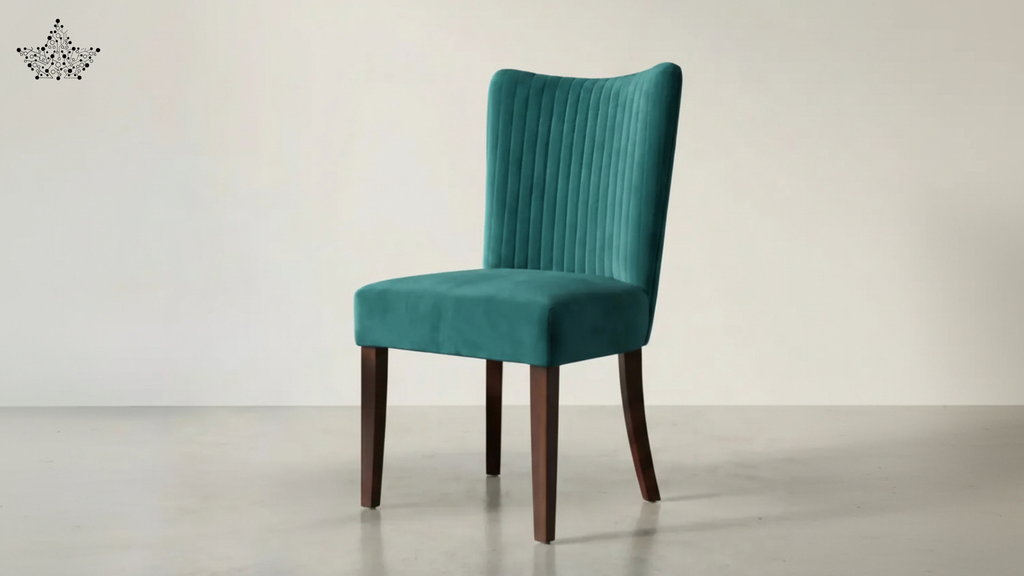 Teal upholstered chair with wooden legs on a plain background