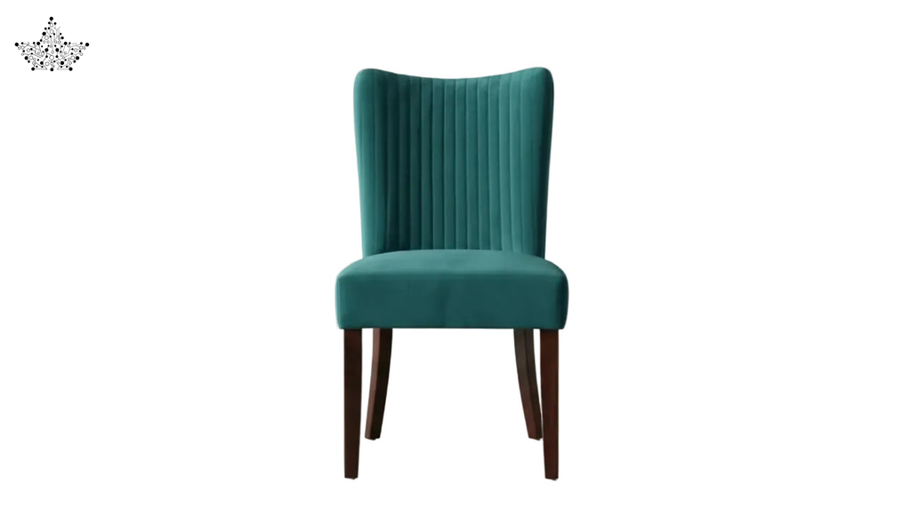 Teal upholstered chair with wooden legs on a white background