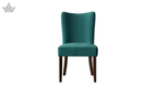 Teal upholstered chair with wooden legs on a white background