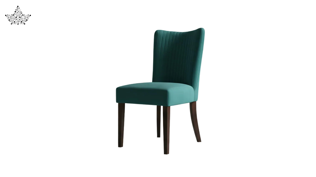Teal upholstered chair with wooden legs on a white background
