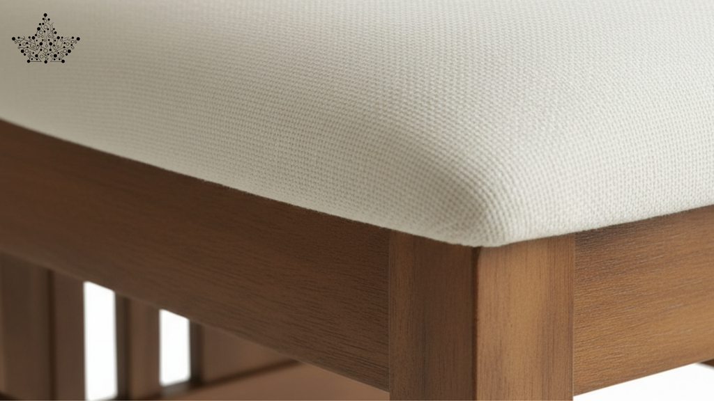 Close-up of a wooden chair with a white cushioned seat