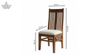 Wooden chair with white cushion and dimensions labeled on a white background