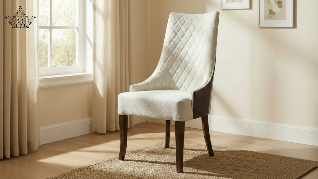 White upholstered chair with wooden legs in a room with a window and beige walls.