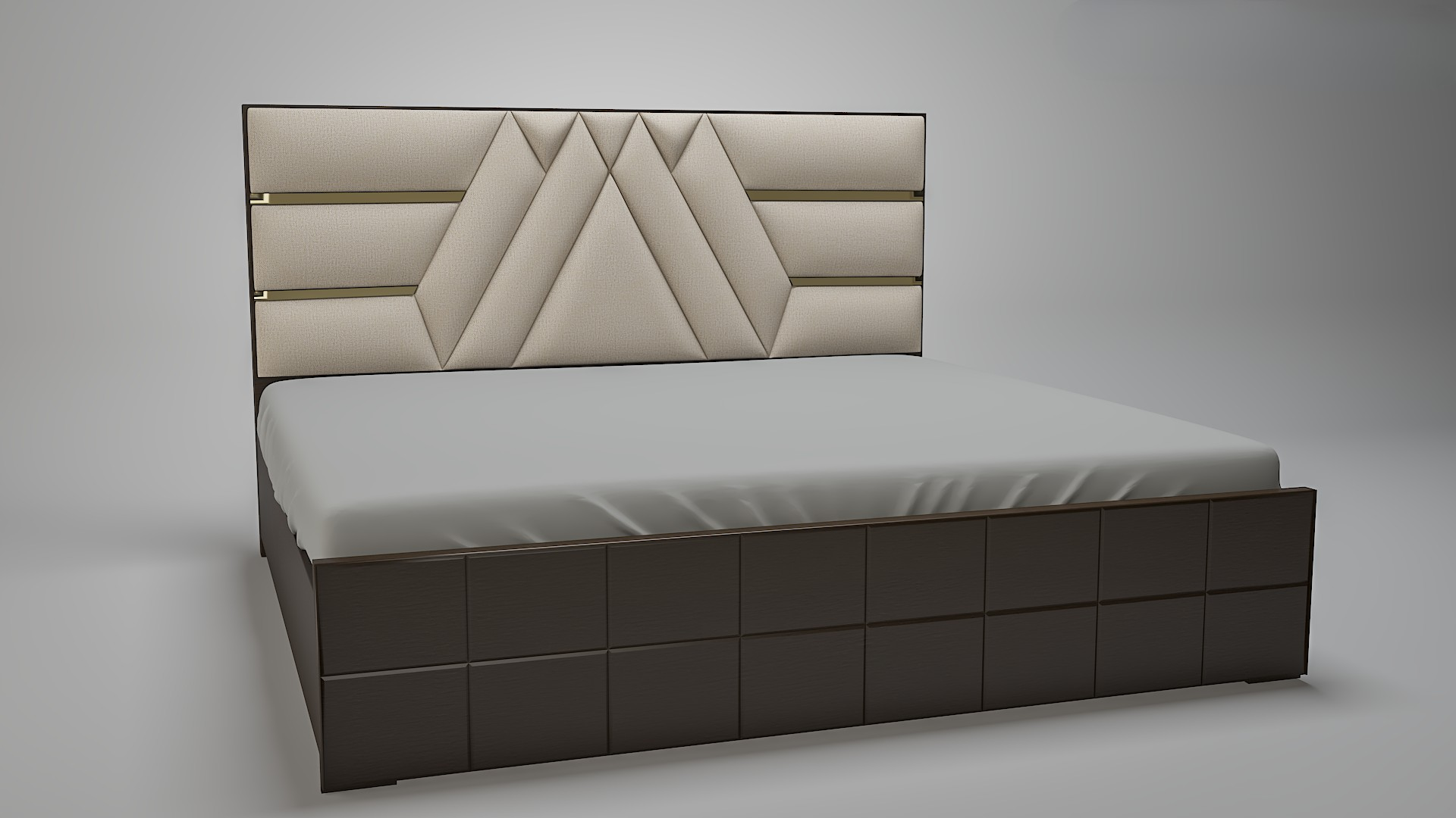 Modern bed with geometric headboard on a gray background