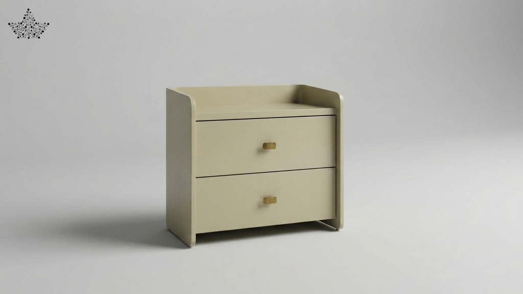 Beige two-drawer dresser on a gray background
