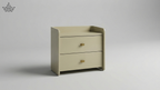Beige two-drawer dresser on a gray background