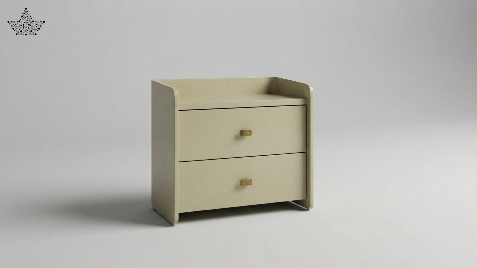 Beige two-drawer dresser on a gray background