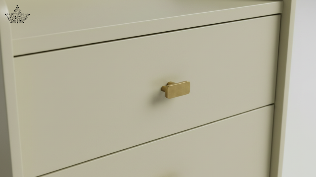 Close-up of a white cabinet with a gold handle on a plain background