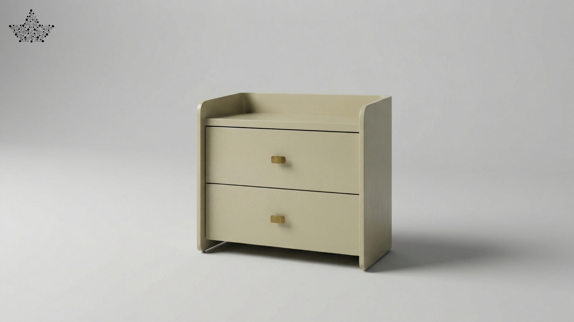 Beige two-drawer dresser on a light gray background