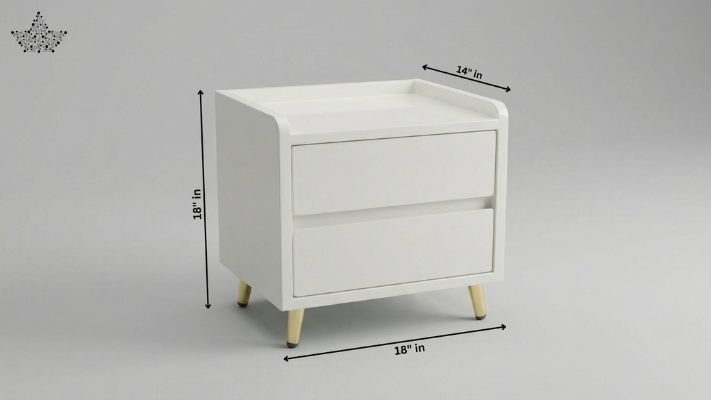 White nightstand with dimensions labeled on a gray background