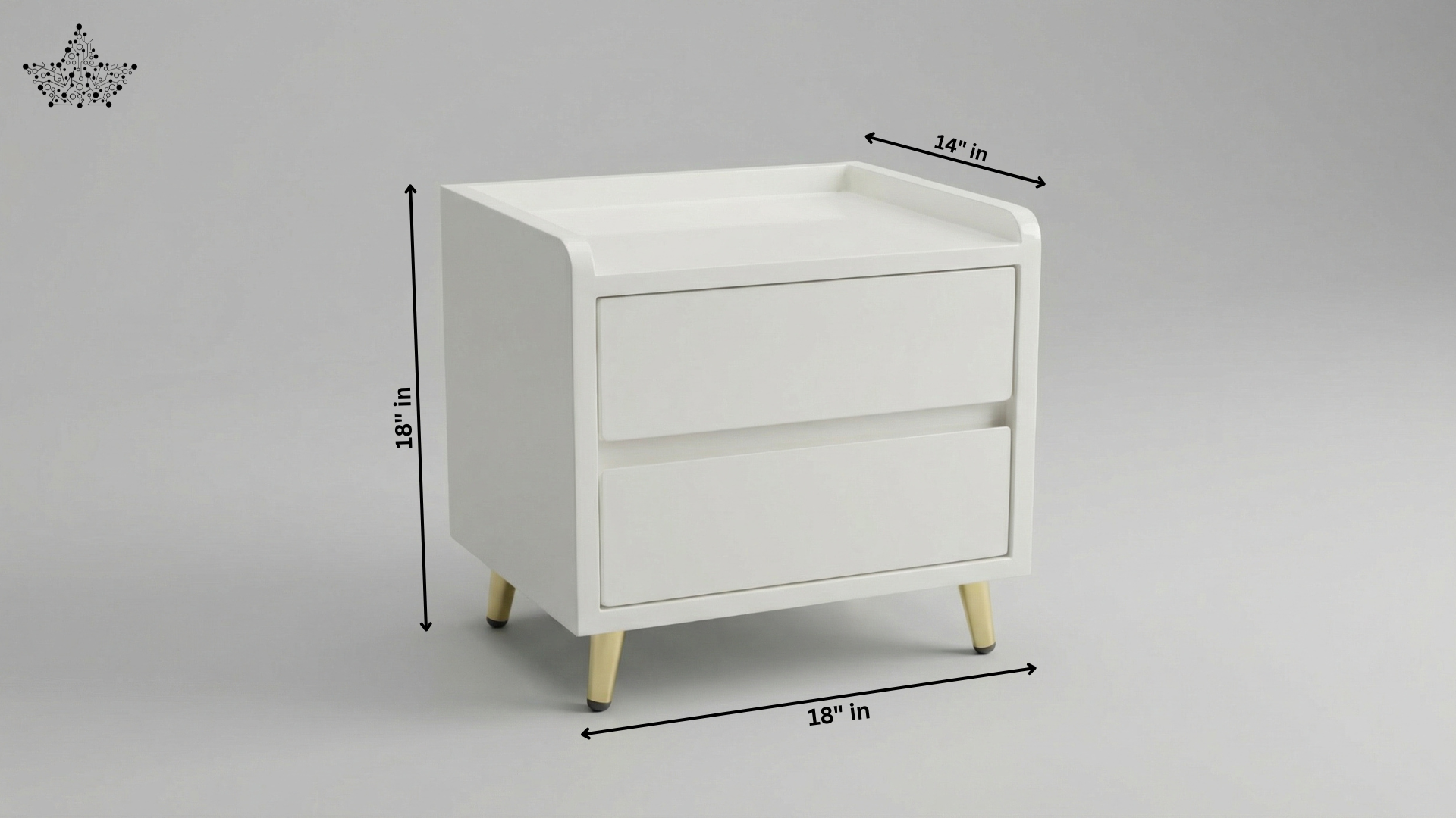 White nightstand with dimensions labeled on a gray background