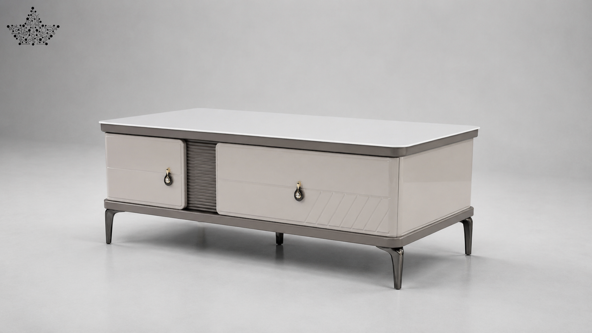 Modern coffee table with a light gray finish on a neutral background