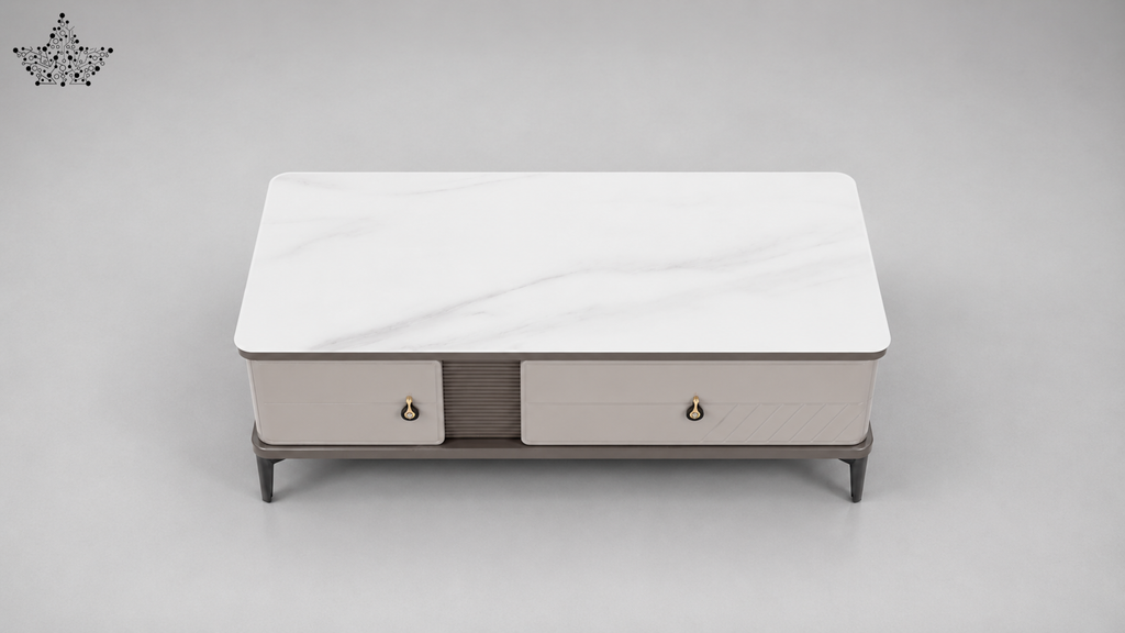 Modern coffee table with a white top and gray base on a gray background