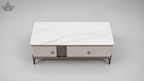 Modern coffee table with a white top and gray base on a gray background