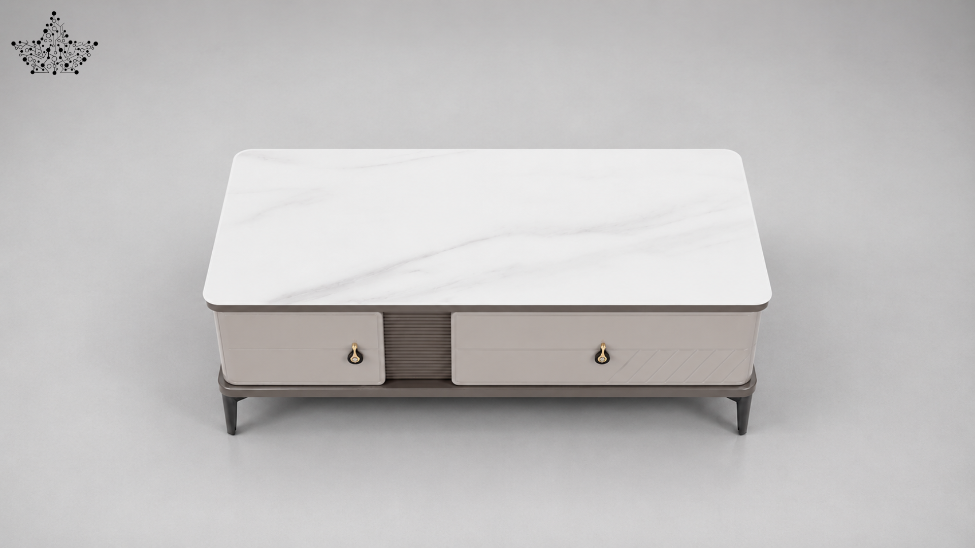 Modern coffee table with a white top and gray base on a gray background