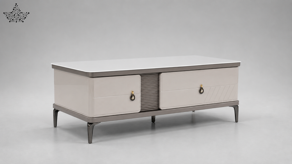 Modern coffee table with two drawers on a gray background