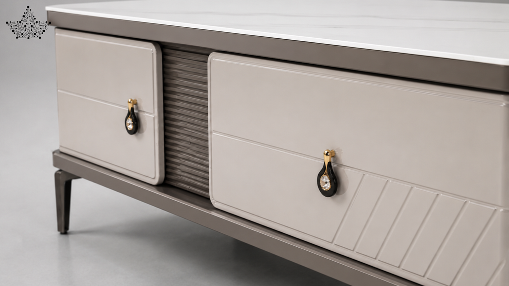 Gray sideboard with two doors and decorative handles on a light gray background