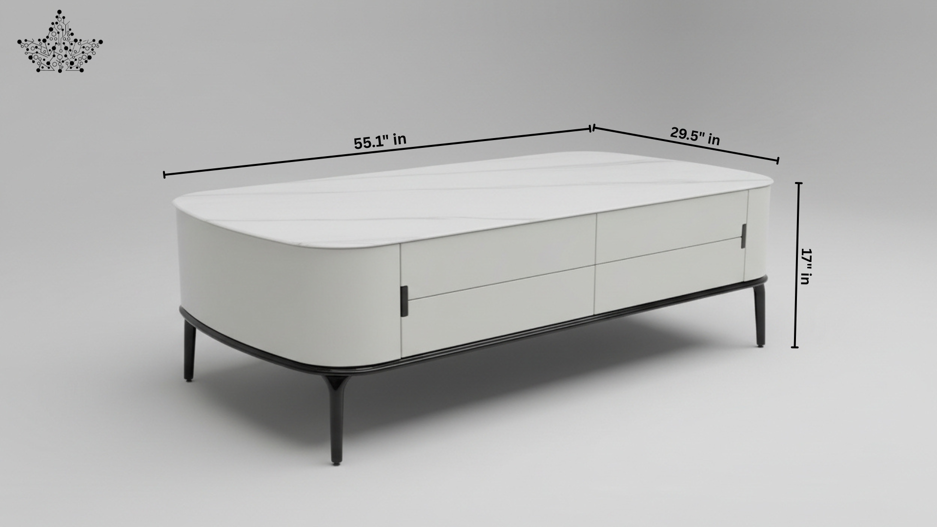Marble Top Center Table | White Matte Lacquer, 4 Drawers & Dark Metal Legs
