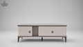 Gray TV stand with two drawers on a gray background