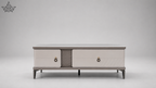 Gray TV stand with two drawers on a gray background